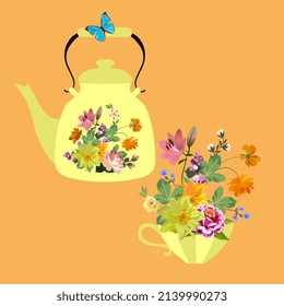 Beautiful yellow teapot decorated with a painting with flowers and a cup with a bouquet of garden flowers on an orange background in vector. Place for text. Tea time. Design elements.