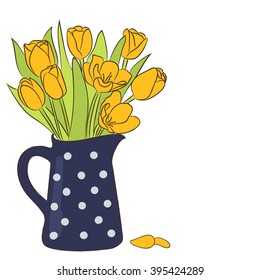 Beautiful yellow tulips in blue decanter. Vector illustration for spring holidays and greeting cards.