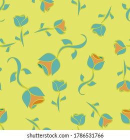 Beautiful yellow vector repeating pattern of scattered aqua and orange isolated flowers in a simple style. Summery and fresh, these citrus shades make a great trendy textile or surface print.