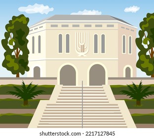 Beautiful yeshiva and synagogue building with menorah on the facade  The building is surrounded by green park Vector