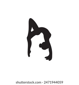 Beautiful yoga asana in wheel pose in black isolated on white background. Hand drawn vector silhouette illustration in doodle icon style. Concept of healthy training, lifestyle, sport.