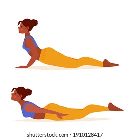 Beautiful yoga girl locust and cobra poses. Meditation practice. Sport, healthy lifestyle. Cartoon illustration of female person exercise, fitness workout.