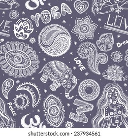 Beautiful Yoga seamless with ornaments and signs for your business