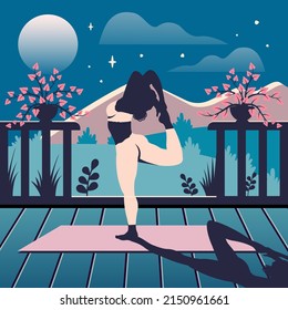 Beautiful yoga woman at home. Silhouette of girl stretches outdoor on yoga mat. Female character does meditation, breathing practice on the porch. Vector flat gradient illustration for healthy lifesty