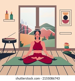 Hermosa mujer de yoga en casa. Muchacha sentada en posición de loto en la habitación. El personaje femenino hace meditación, la respiración se practica en interiores. Diseño interior. Ilustración de dibujos animados planos vectoriales