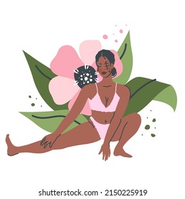 Beautiful yoga woman isolated on nature background. Young black girl in Yoga pose stretches. Meditation and breathing practice. Vector flat cartoon illustration for healthy lifestyle, sport