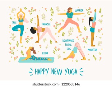 Beautiful yoga women group in the park, basic poses for beginners. Trendy graphic illustration in soft colors on white. Isolated elements for editorial & book design, apparel, cards, packaging etc.