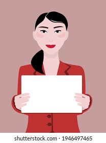 Beautiful young adult woman, Asian, Japanese, manager holding a banner, poster, paper. Female in a business suit. Vector graphics.