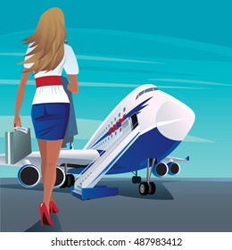 Beautiful young adult woman in a short skirt walks slowly to big modern passenger plane. In case one hand, and in the other hand outerwear. Business trip concept. Vector illustration