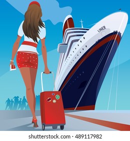 Beautiful young adult woman in a short skirt with a travel suitcase at the pier walks slowly to big cruise ship. Vacation or trip concept. Vector illustration