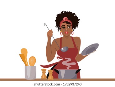 
Beautiful young afra american woman and cooks in the kitchen. Stock vector illustration.