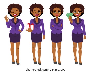 Beautiful young African American Black businesswoman set collection standing in different poses