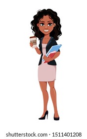 Beautiful young African American business woman in fashionable clothes holds coffee and documents. Cute businesswoman cartoon character. Vector illustration.