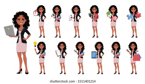 Beautiful young African American business woman in fashionable clothes, set of thirteen poses. Cute businesswoman cartoon character. Vector illustration.