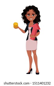 Beautiful young African American business woman in fashionable clothes holds bitcoins and arrow. Cute businesswoman cartoon character. Vector illustration.