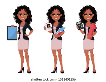Beautiful young African American business woman in fashionable clothes, set of three poses. Cute businesswoman cartoon character holds tablet, holds badge and holds calculator. Vector illustration.