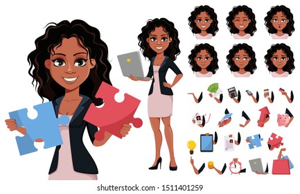 Beautiful young African American business woman in fashionable clothes, pack of body parts, emotions and things. Cute businesswoman cartoon character. Vector illustration.