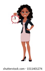 Beautiful young African American business woman in fashionable clothes holds alarm clock. Cute businesswoman cartoon character. Vector illustration.