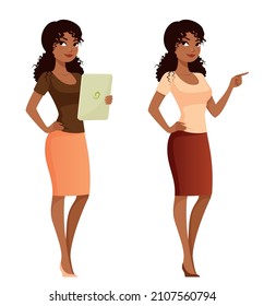 beautiful young African American businesswoman, assistant or secretary. Attractive black girl in smart casual office fashion, holding a tablet for presentation. Cartoon character.