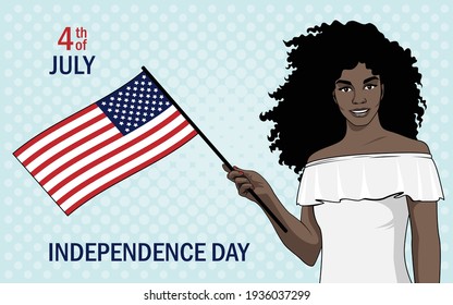 A beautiful, young African American girl with an American flag in her hand. America independence day. Vector image in pop art style. Template for banners, flyers, postcards.