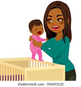 Beautiful Young African American Mom Picking Little Baby From Crib