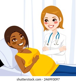 Beautiful young african american pregnant woman lying on hospital bed being visited by a female doctor
