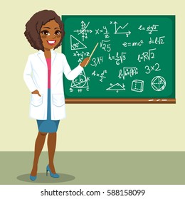 Beautiful Young African American Rocket Scientist Woman Pointing Mathematics Formula On Blackboard