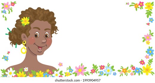 Beautiful young African American woman surrounded by flowers. Banner, postcard or poster in cartoon style. Place for your text. Isolated on white background. Vector flat illustration