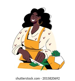 Beautiful young African American woman plus size cooks in a modern kitchen, cuts green onions on the table. Vector illustration in cartoon style isolated on white background. Yellow and cream colors.