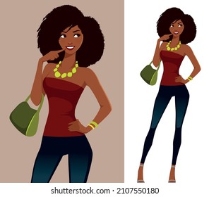 Beautiful Young African American Woman In Sexy Outfit, Stylized Fashion Lifestyle Illustration. Attractive Black Girl In Jeans, Smiling. Cartoon Character.