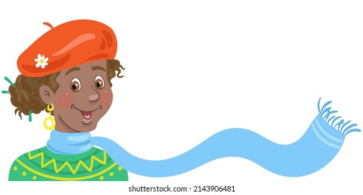 Beautiful young African American woman in a red beret and a long blue scarf. Banner in cartoon style. Place for your text. Isolated on white background. Vector flat illustration