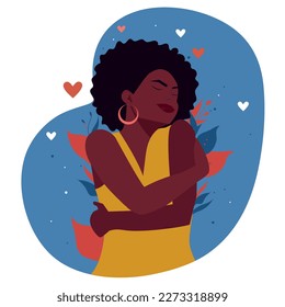 Beautiful young african american woman over isolated background Embracing herself happy and positive, smiling confidently. Self love and self care	