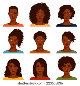beautiful young African American women with various hairstyles, suitable as avatar