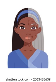 Beautiful Young African Woman and an Elderly Black Lady. Half of Face. Youth and Old Age. Icon in a flat Cartoon Color style. Illustration for Medical and Beauty Design. White background. Vector.