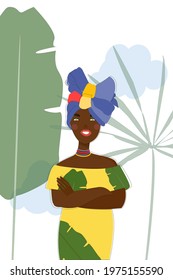 a beautiful young African woman in a yellow dress and a multicolored turban. A beautiful face. Tropical leaves.