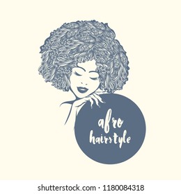 Beautiful young African-American woman with Afro curly hairstyle and elegant makeup and manicure.Style, beauty, nails art and hair salon vector illustration isolated on light background.