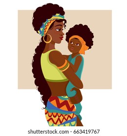 Beautiful young African-American woman of black mother and baby in cartoon style. Cards of Happy Mother's Day