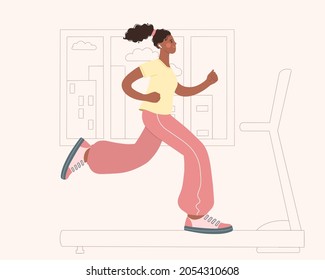 Beautiful young African-American woman  running on a treadmill at home. Sports at home. Healthy lifestyle concept.  Vector illustration