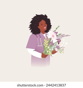 Beautiful young afro american nurse holding a bouquet of flowers. Nurse, Medical Worker day concept. Vector illustration.