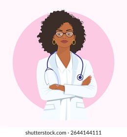 Bela jovem afro fêmea doutor com óculos, trabalhador médico Ilustração de vetor plana