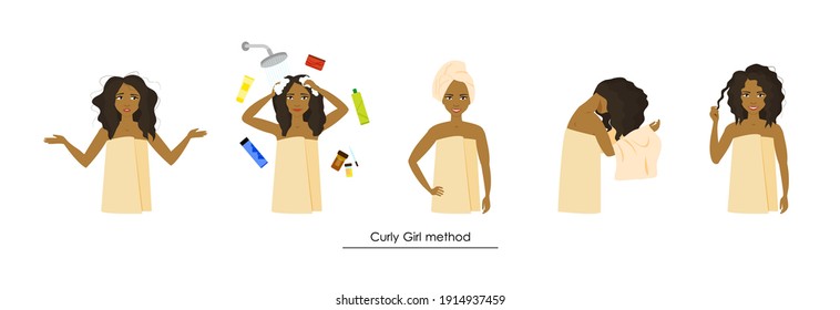 A beautiful young Afro girl washes, styles, dries curly hair. Curly girl method. Hair care process. Vector in cartoon style.