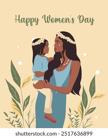 Beautiful young afro woman, mother holds baby in her arms. Women's Day. Mother's day card. Mother hugs daughter. Vector illustration for advertising, poster, banner, print, website