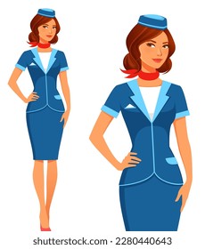 beautiful young air hostess wearing blue uniform and red scarf. Elegant plane stewardess or travel agency representative. Cartoon character. Isolated on white. Vector eps file.