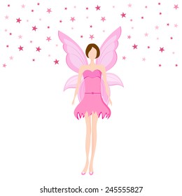 Beautiful young angel in stylish pink dress standing on stars decorated background. 