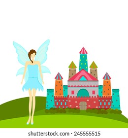 Beautiful young angel in stylish sky blue costume standing outside  colorful royal castle on white background.