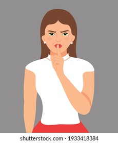 Beautiful young angry woman making Silence Gesture isolated over background. Cute Girl Put Finger On Lips Making Hush Signs. Showing the sign to be quiet flat design vector illustration Secret Concept