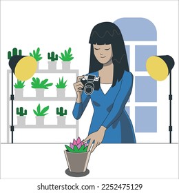 Beautiful young Asian florist blogger woman taking photos of home garden with potted plant with mobile phone in living room. Home plant breeding, Working online influencer on social media concept.