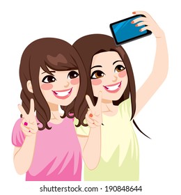 Beautiful young asian japanese friends taking selfie photo together with mobile phone camera