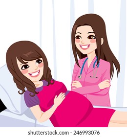 Beautiful young asian pregnant woman lying on hospital bed being visited by a female doctor