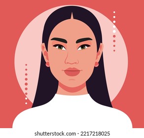 Beautiful young Asian woman with clean fresh skin on a red background, Face care, Facial treatment, Cosmetology, beauty and spa, beautiful hair, cat eyes, modern background. Asian women portrait.